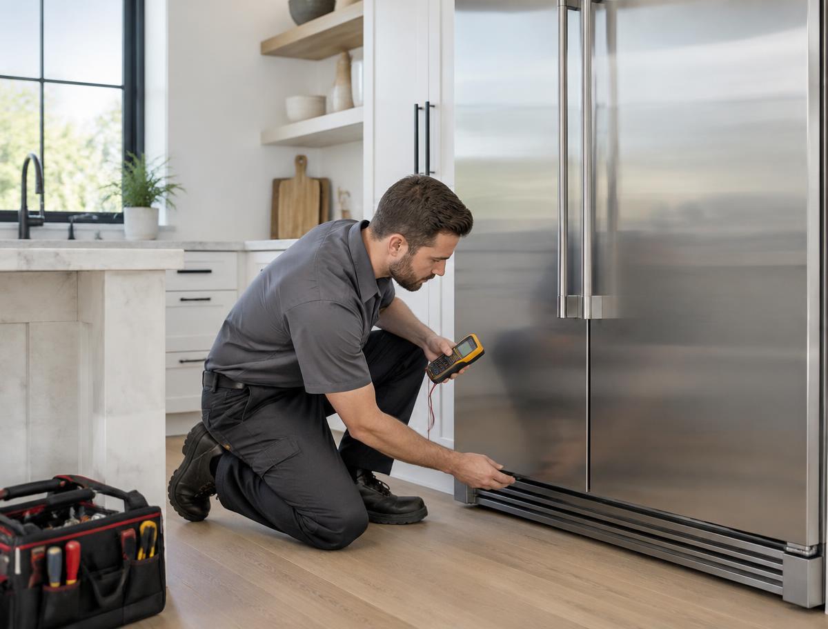 Appliance technician checking a stainless steel refrigerator